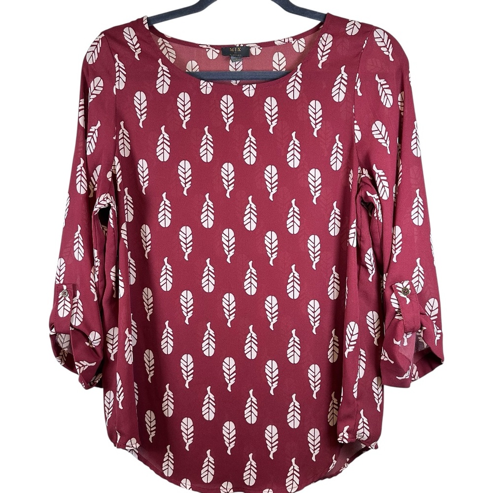 Mix by 41 Hawthorn Ellie Burgundy Feather Print Blouse Small